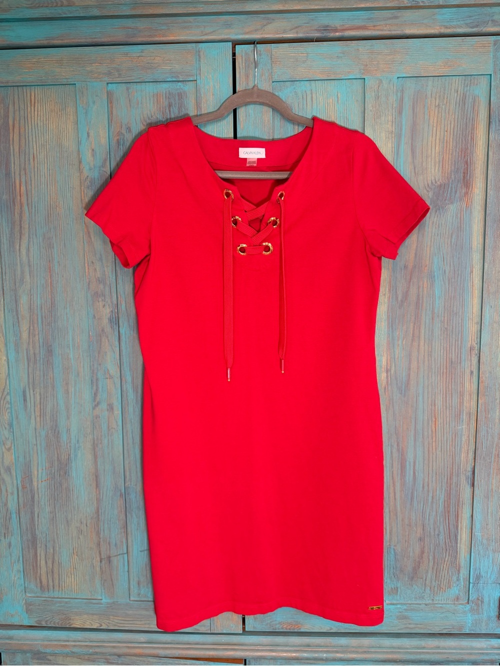 Calvin Klein Bright Red Lace-Up Short Sleeve Mini Dress